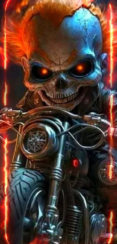 Fiery skeleton rider on a motorcycle with flames and dark background.