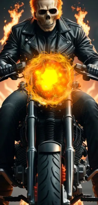 Fiery skeleton rides motorcycle, flames burst around.