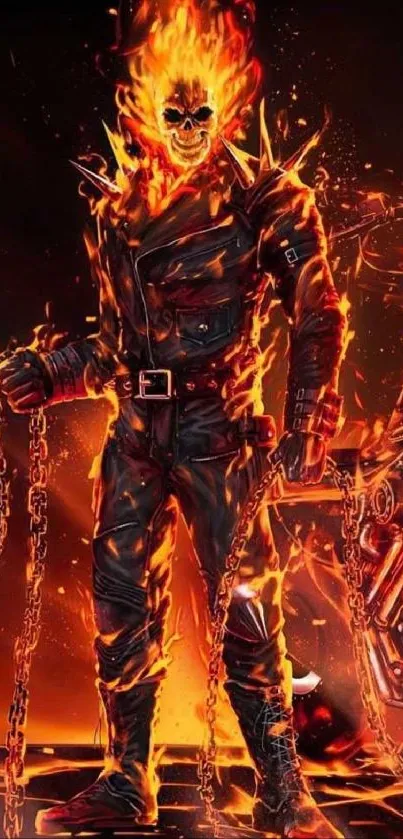 Fiery skeleton biker with chains and motorcycle engulfed in flames.