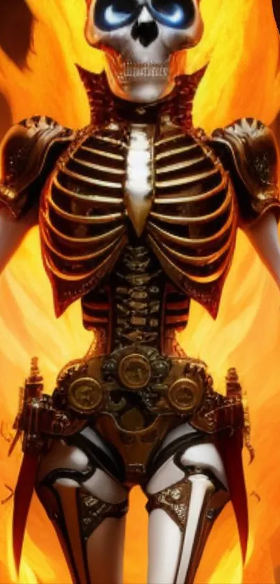 Steampunk skeleton warrior with fiery backdrop, vivid colors.