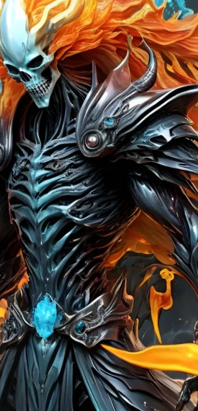 An illustrated skeleton warrior in fiery armor