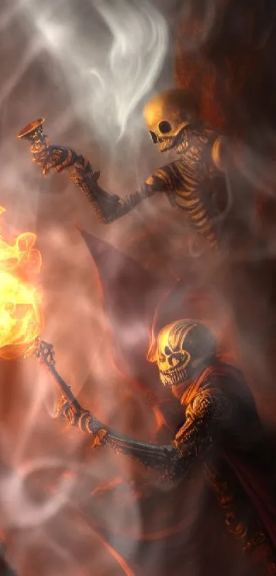 Fiery skeleton warriors with flaming swords in a dramatic fantasy setting.