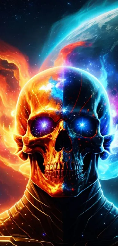 Fiery skull with cosmic background in vivid orange and blue hues.