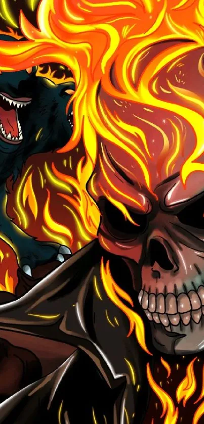 Fiery skull and wolves mobile wallpaper with dynamic flames and intense colors.