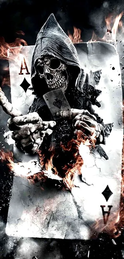 Hooded skeleton with fiery Ace of Spades on mobile wallpaper.