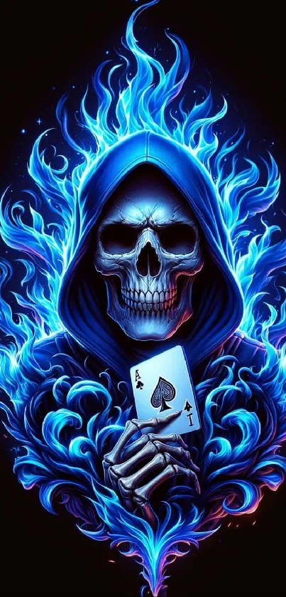 Gothic skull holding an Ace card surrounded by electric blue flames.