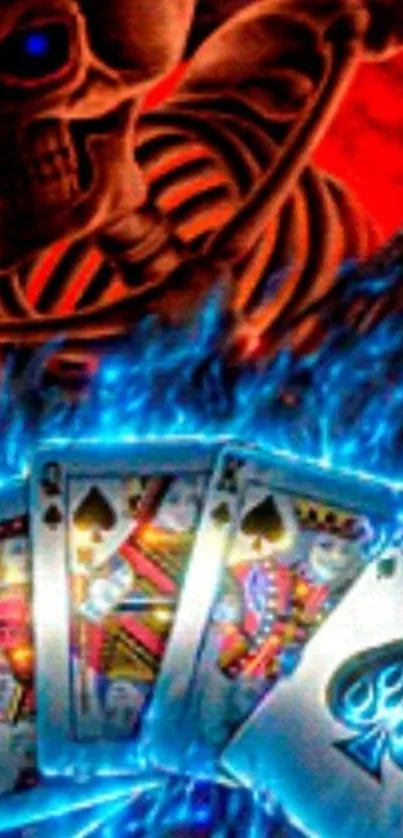 Skull with glowing playing cards in fiery design.