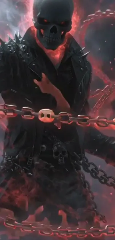 Skull with glowing eyes and chains in a fiery background.