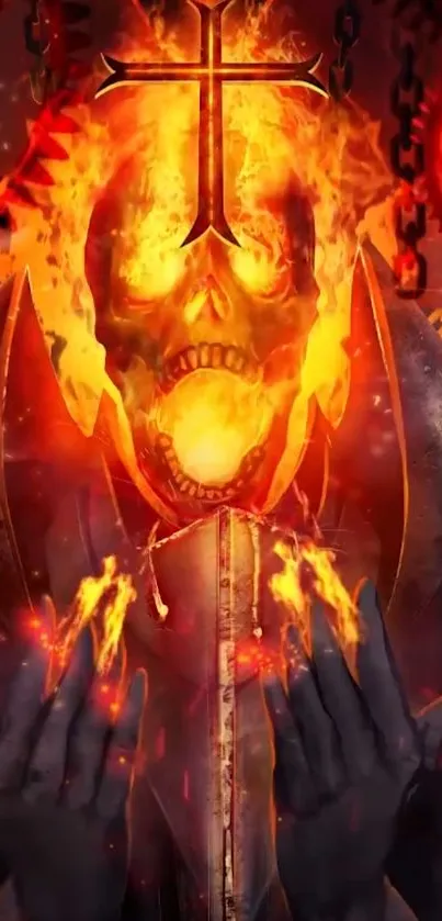 Fiery skull with cross, surrounded by flames and dark chains.