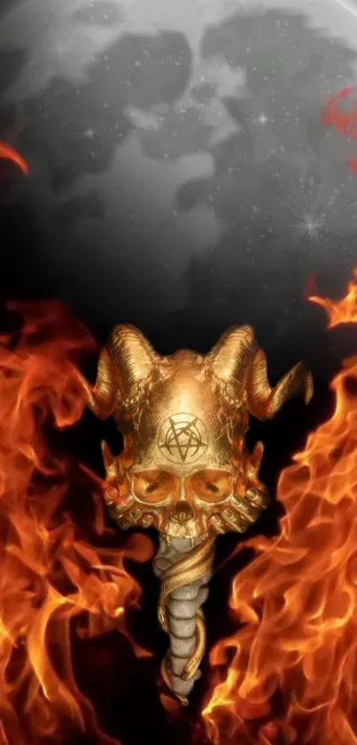 Fiery skull with horns surrounded by orange flames against a dark background.