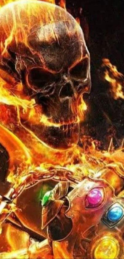 Fiery skull with gauntlet in fantasy art wallpaper.