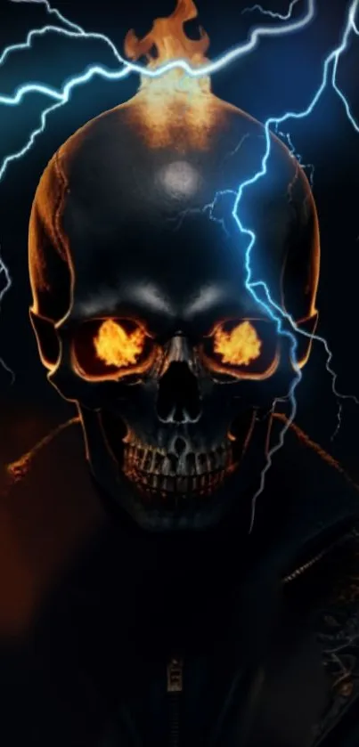 Fiery skull with vivid lightning in dark background mobile wallpaper.