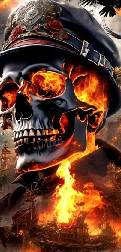 Fiery skull with hat and ravens against a burning background.