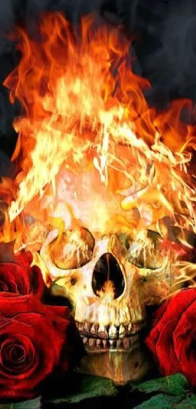 Mobile wallpaper of a fiery skull surrounded by red roses.