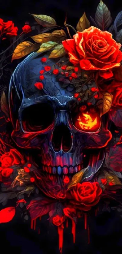 Fiery skull with red roses on a dark background.