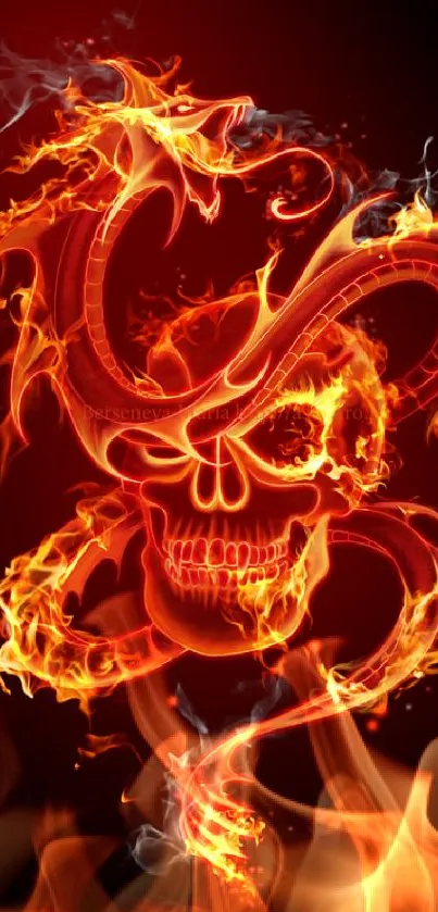 Fiery skull with serpents, dark background, vivid art.