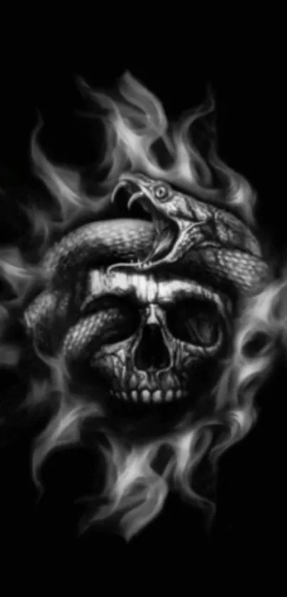 Fiery skull entwined with a snake on black background.