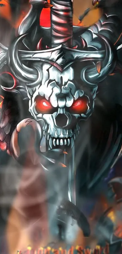 Demonic skull with glowing eyes and a sword in gothic style.