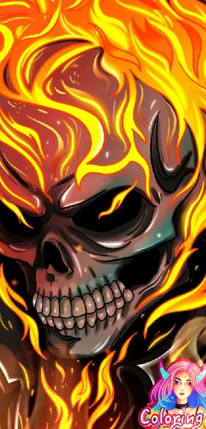 Fiery skull with wolves in vibrant flames, perfect for dramatic mobile wallpaper.