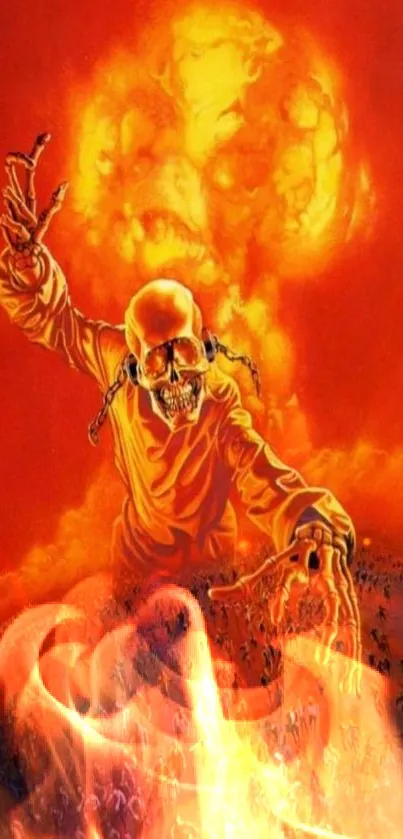 Fiery skull emerging in apocalyptic scene with red-orange background.