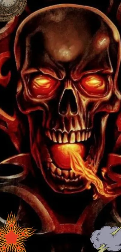 Fiery skull design with glowing eyes and flames on a dark background.