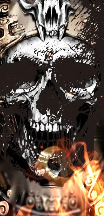 Fiery skull design wallpaper with dark tones and intricate art for phones.