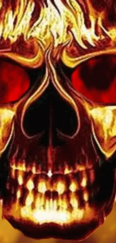 Fiery skull wallpaper with intense, red, glowing eyes and intricate design.