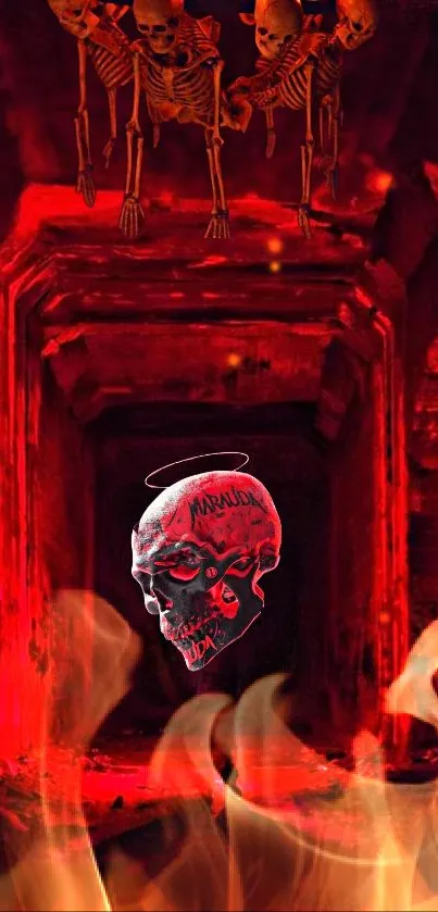 Fiery skull with halo and hanging skeletons in red tunnel.