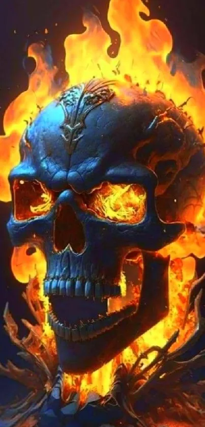 Detailed skull engulfed in vibrant flames wallpaper.