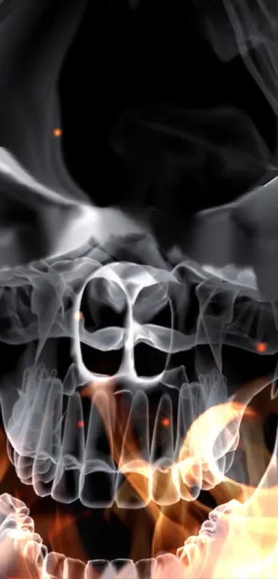 X-ray style skull with fiery flames on phone wallpaper.