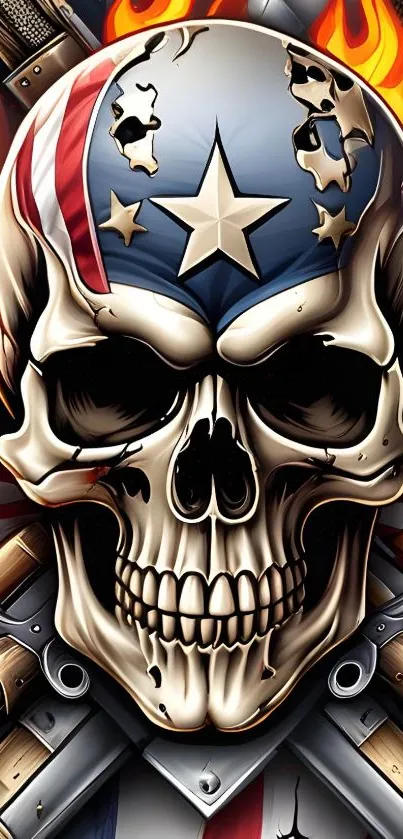 Fiery skull surrounded by flames and guns.