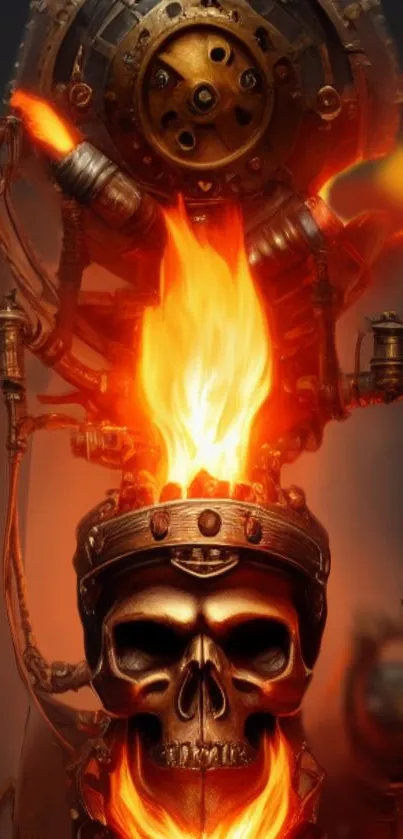 Fiery skull with vibrant flames in a steampunk art style.