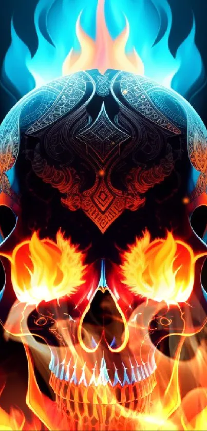 Fiery skull with orange and blue flames in artistic digital wallpaper.