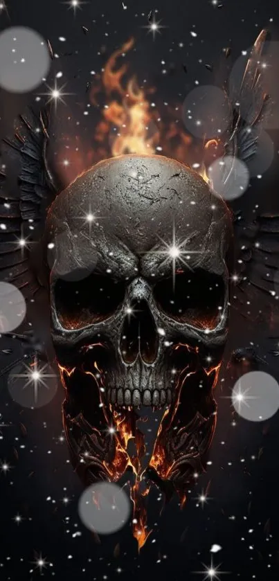 Fiery skull with sparks on dark background wallpaper.