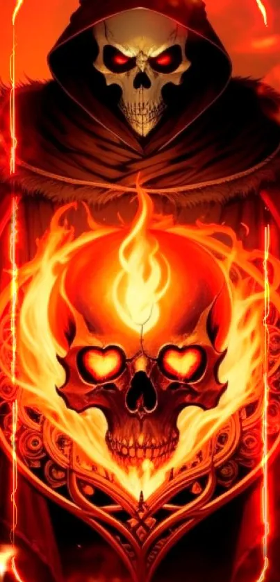 Fiery skull with glowing eyes and intricate flames on a dark background.