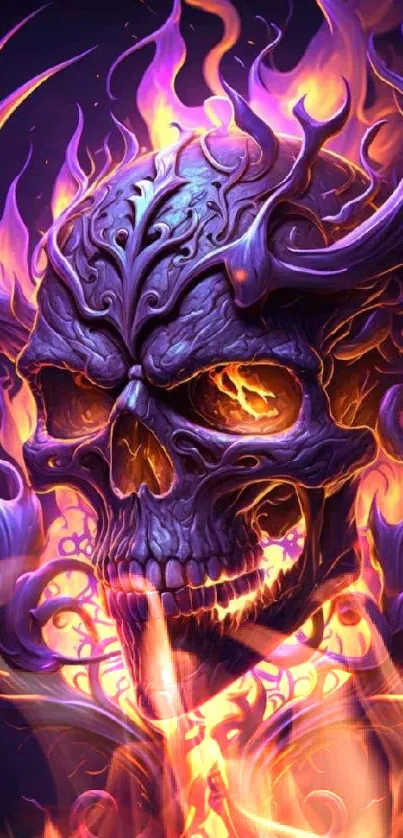 Vibrant skull engulfed in purple flames.