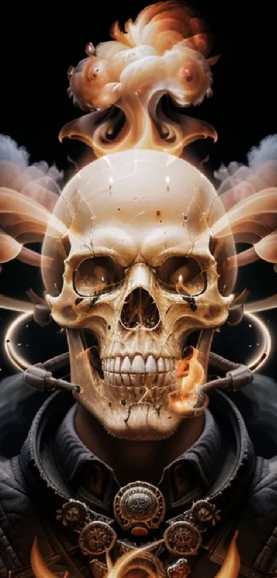 Fiery skull with smoke art on a dark mobile wallpaper background.