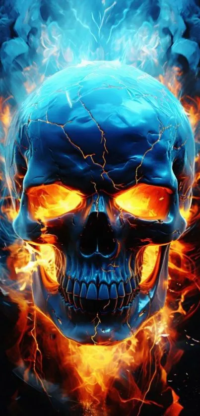 Fiery blue skull with orange flames wallpaper.