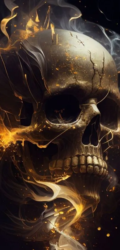 Fiery skull with smoke and flames in dark mobile wallpaper.