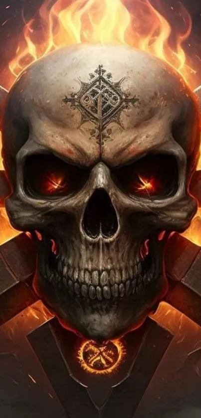 Fiery skull with glowing eyes and intricate designs in an intense mobile wallpaper.