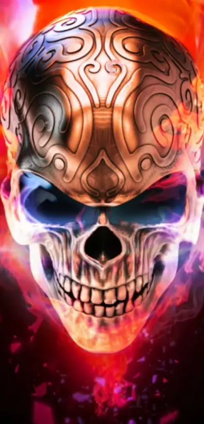 Fiery skull with intricate patterns and vivid hues.