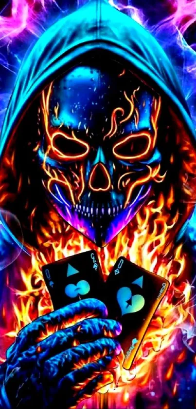 Fiery skull with neon flames for mobile wallpaper.