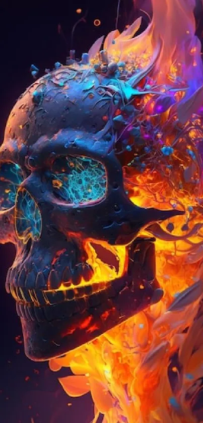 Fiery skull with vibrant blue and orange digital art design.