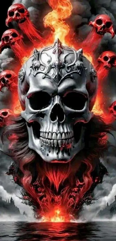 Fiery skull with flames in a gothic mobile wallpaper.