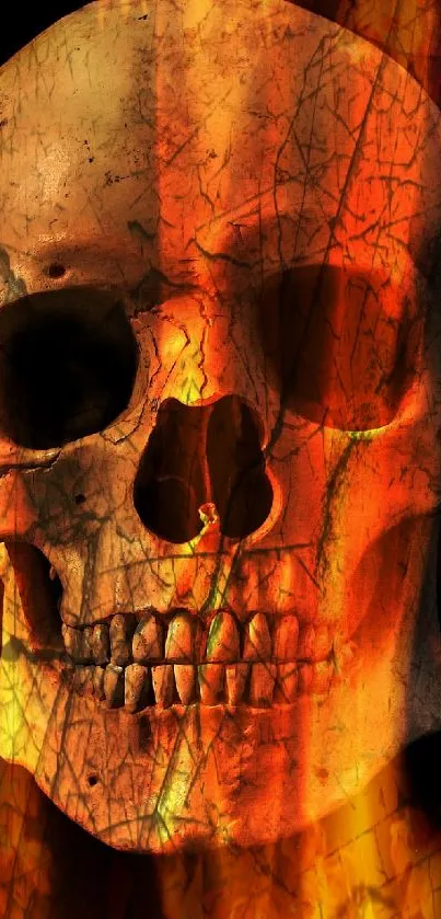 Detailed skull with fiery orange background.