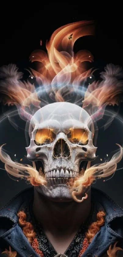 Fiery skull with flames and smoke on a dark background mobile wallpaper.