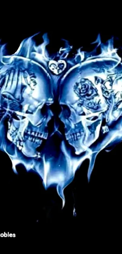 Blue fiery skulls with intricate designs on a black background.