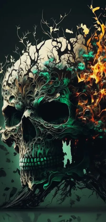 Fiery skull with intricate design and dark green background wallpaper.