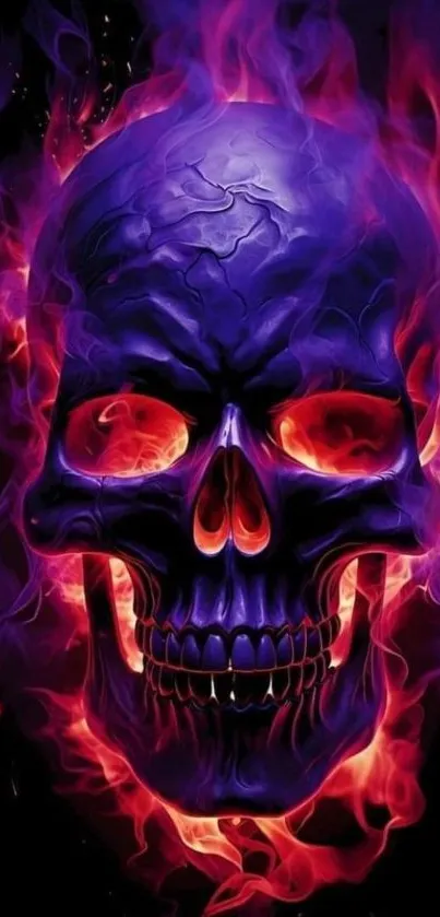 Fiery skull with purple and red flames mobile wallpaper.