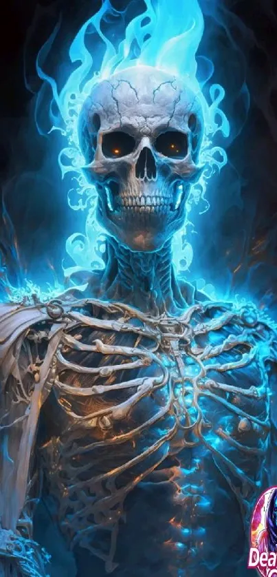 Fiery skull with blue flames and intricate artistic details.